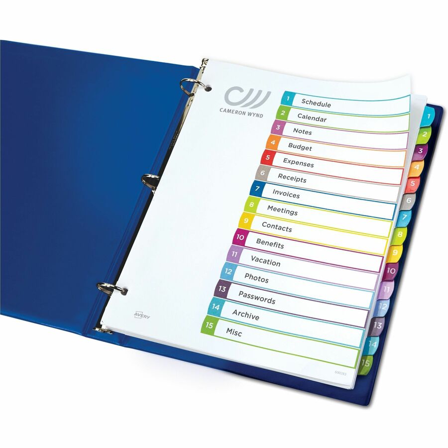 Avery&reg; Ready Index&reg; Customizable Table of Contents Dividersfor Laser and Inkjet Printers, 15 tabs, 1 set - 11845