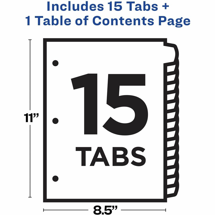 Avery&reg; Ready Index&reg; Customizable Table of Contents Dividersfor Laser and Inkjet Printers, 15 tabs, 1 set - 11845