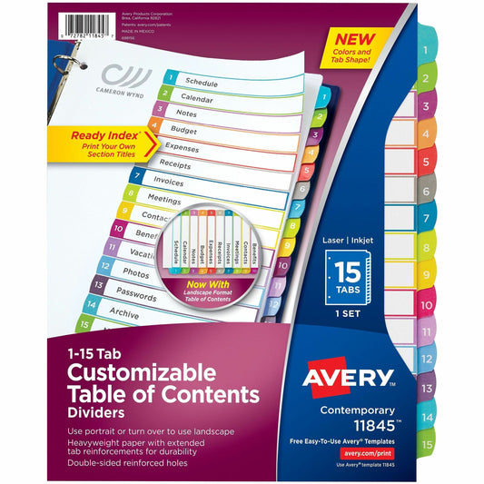 Avery&reg; Ready Index&reg; Customizable Table of Contents Dividersfor Laser and Inkjet Printers, 15 tabs, 1 set