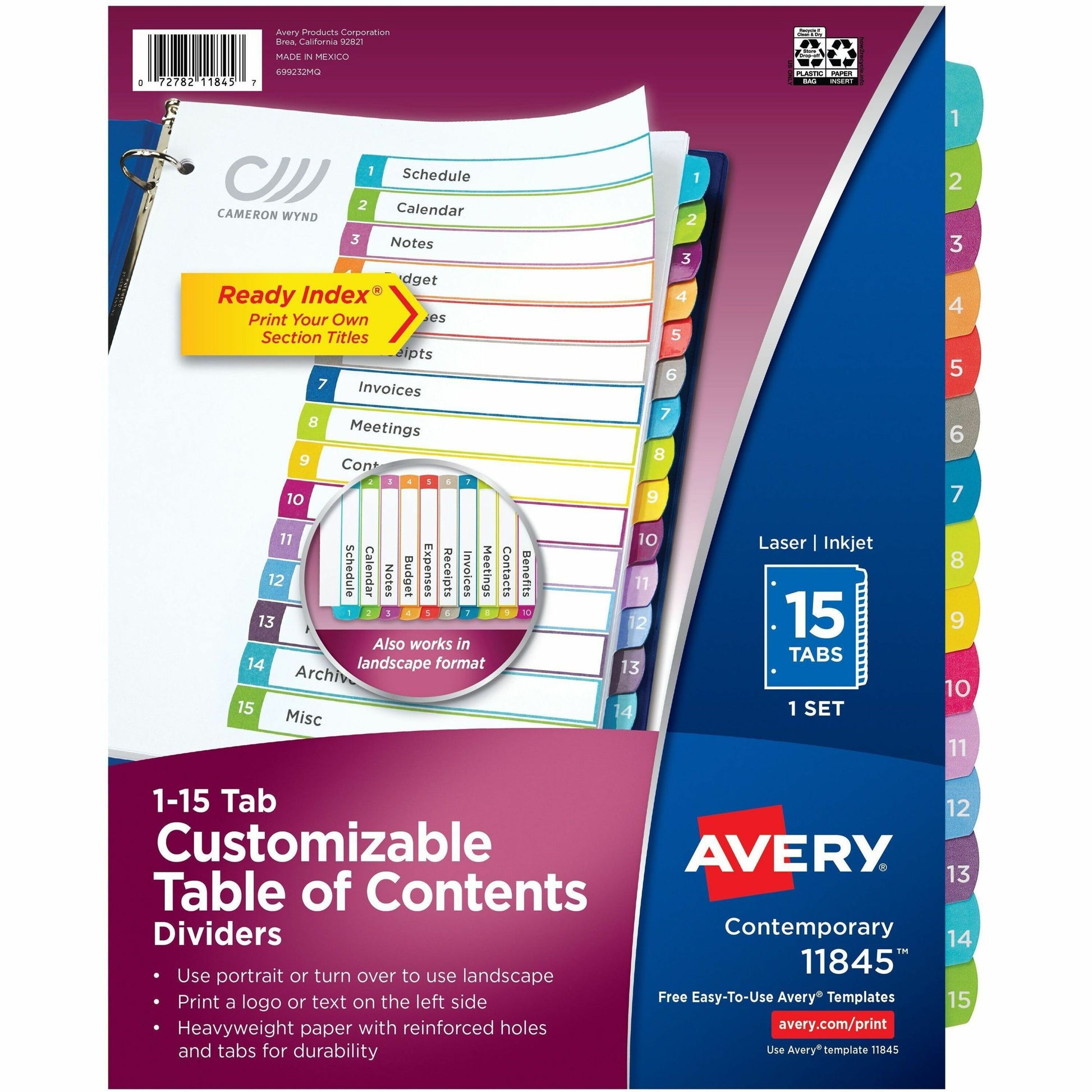Avery&reg; Ready Index&reg; Customizable Table of Contents Dividersfor Laser and Inkjet Printers, 15 tabs, 1 set