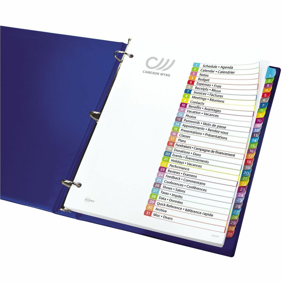 Avery&reg; Ready Index&reg; Customizable Table of Contents Dividersfor Laser and Inkjet Printers, 31 tabs, 1set - 11846