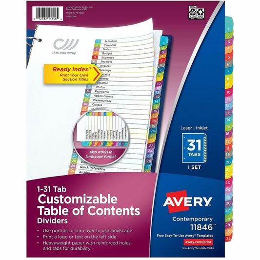 Avery&reg; Ready Index&reg; Customizable Table of Contents Dividersfor Laser and Inkjet Printers, 31 tabs, 1set