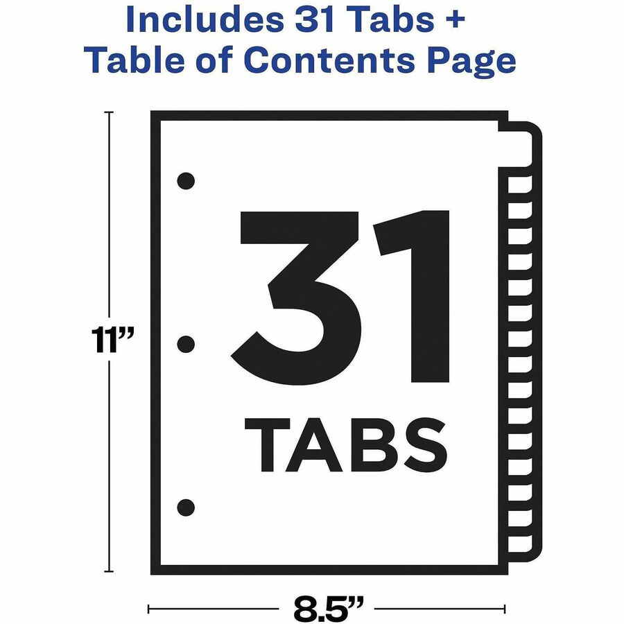 Avery&reg; Ready Index&reg; Customizable Table of Contents Dividersfor Laser and Inkjet Printers, 31 tabs, 1set - 11846