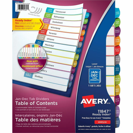 Avery&reg; Ready Index&reg; Customizable Table of Contents Dividersfor Laser and Inkjet Printers, Jan-Dec tabs, 1 set