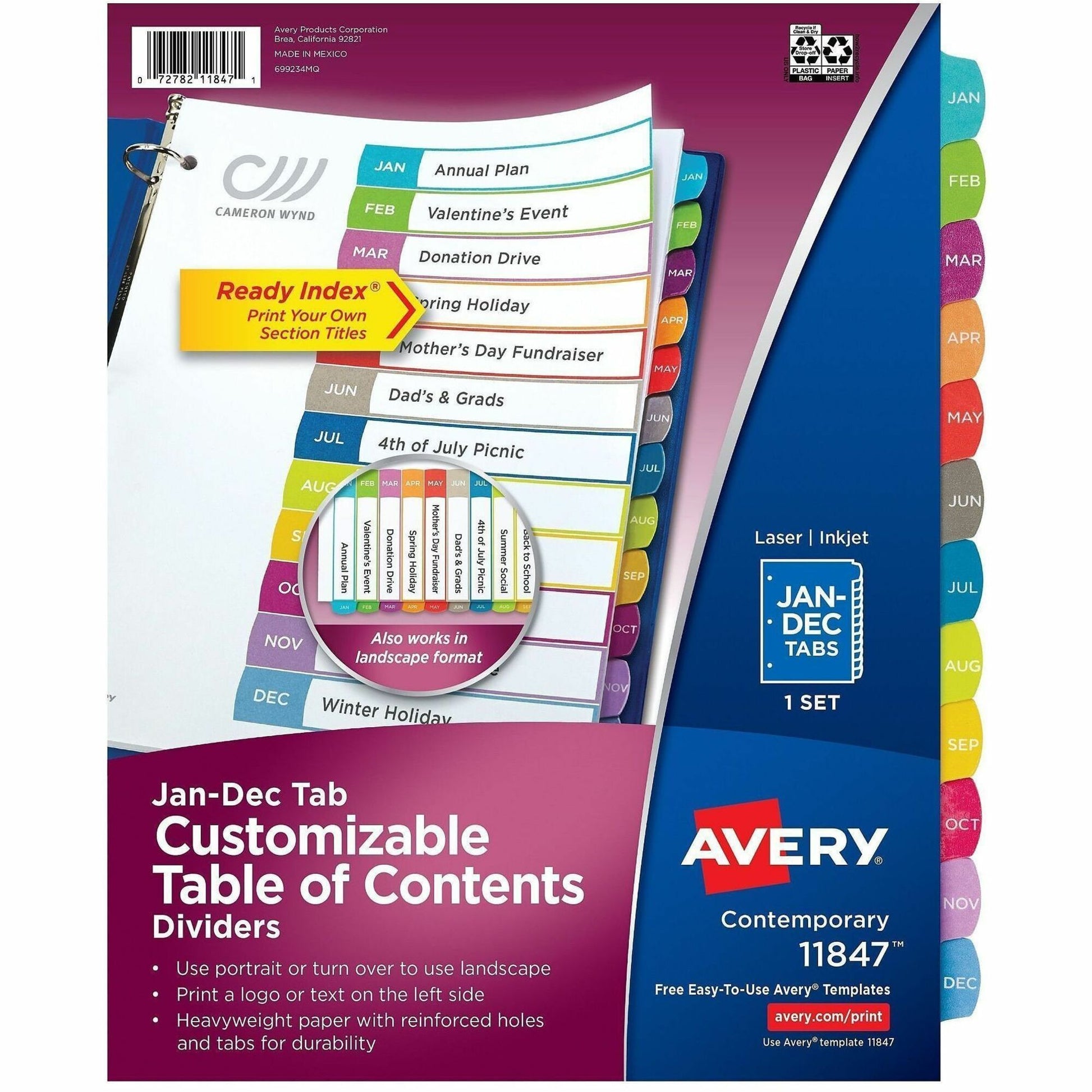 Avery&reg; Ready Index&reg; Customizable Table of Contents Dividersfor Laser and Inkjet Printers, Jan-Dec tabs, 1 set