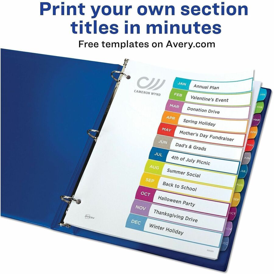 Avery&reg; Ready Index&reg; Customizable Table of Contents Dividersfor Laser and Inkjet Printers, Jan-Dec tabs, 1 set - 11847