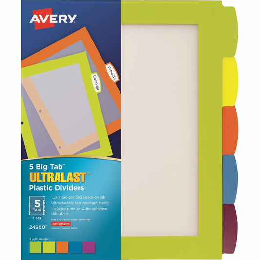 Avery&reg; Big Tab&trade; UltraLast&trade; Plastic Dividers for Laser and Inkjet Printers, 5 tabs