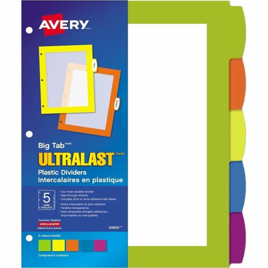 Avery Big Tab™ UltraLast™ Plastic Dividers for Laser and Inkjet Printers, 5 tabs