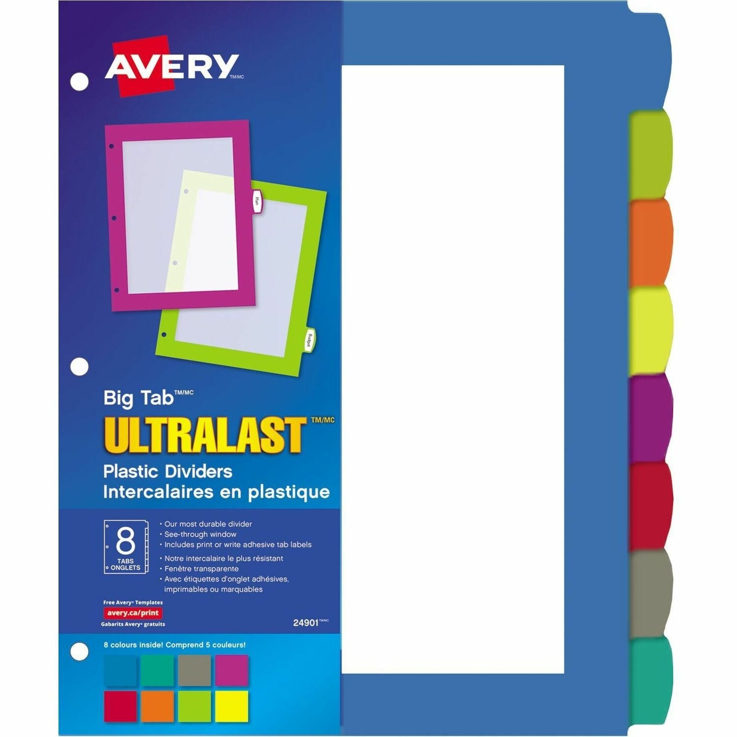 Avery&reg; Big Tab&trade; UltraLast&trade; Plastic Dividers for Laser and Inkjet Printers, 8 tabs