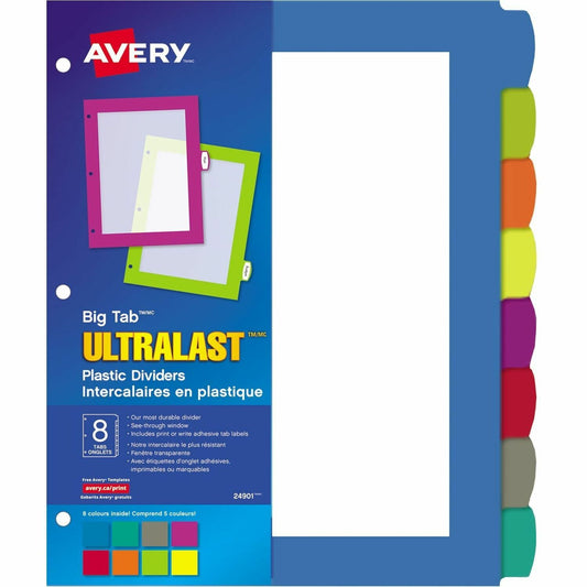 Avery&reg; Big Tab&trade; UltraLast&trade; Plastic Dividers for Laser and Inkjet Printers, 8 tabs