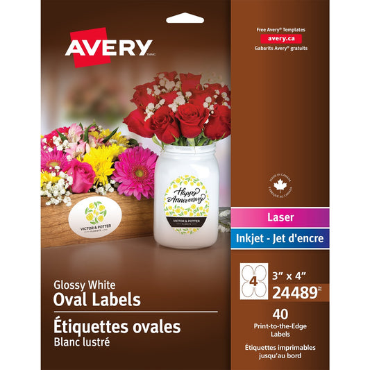 Avery&reg; Glossy White Oval Labels3" x 4" , Permanent Adhesive, for Laser and Inkjet Printers