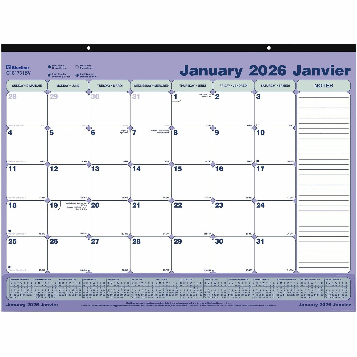 Blueline Monthly Desk Pad Calendar with Vinyl Strip, 21-1/4" x 16" , Bilingual