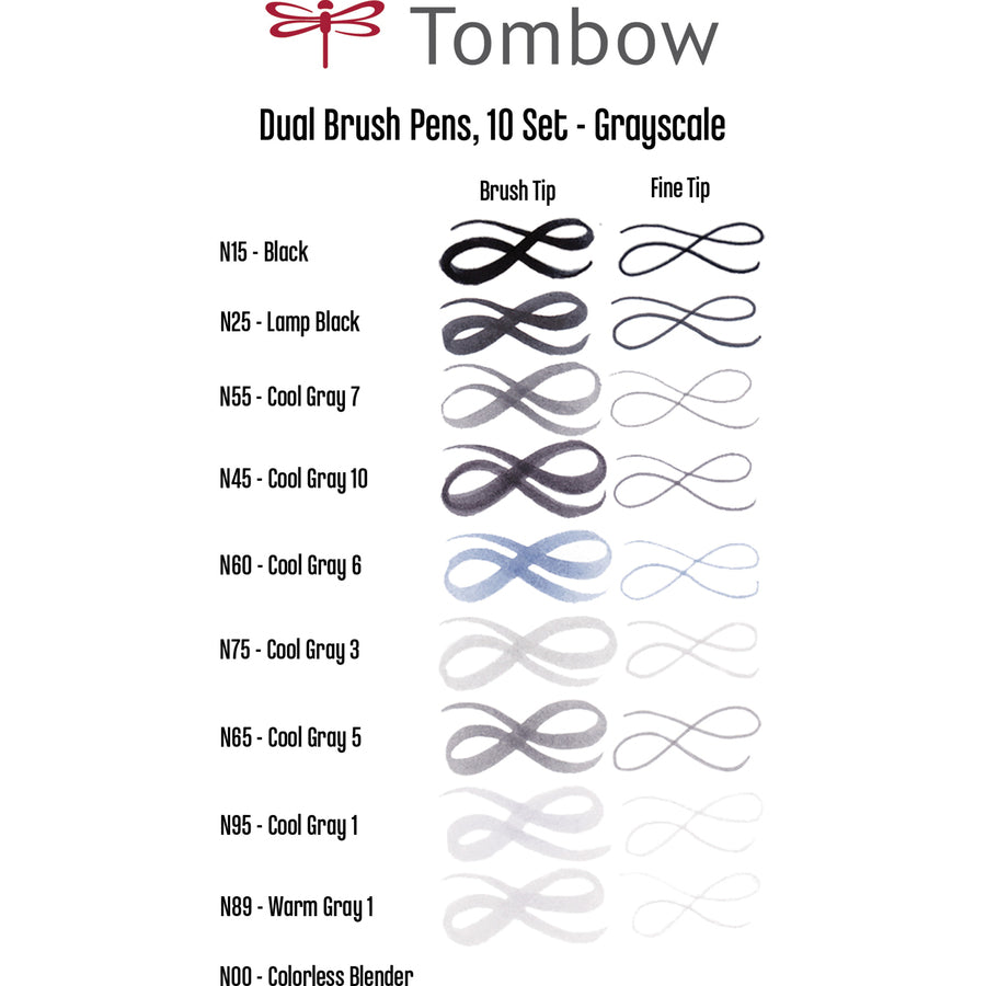 Tombow Dual Brush Art Pen 10-piece Set - Grayscale Colours - 56171
