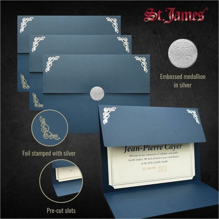 St. James&reg; Elite&trade; Medallion Fold Certificate Holders, Linen, Navy Blue with Silver Medallion, Pack of 5, 83536 - 83536