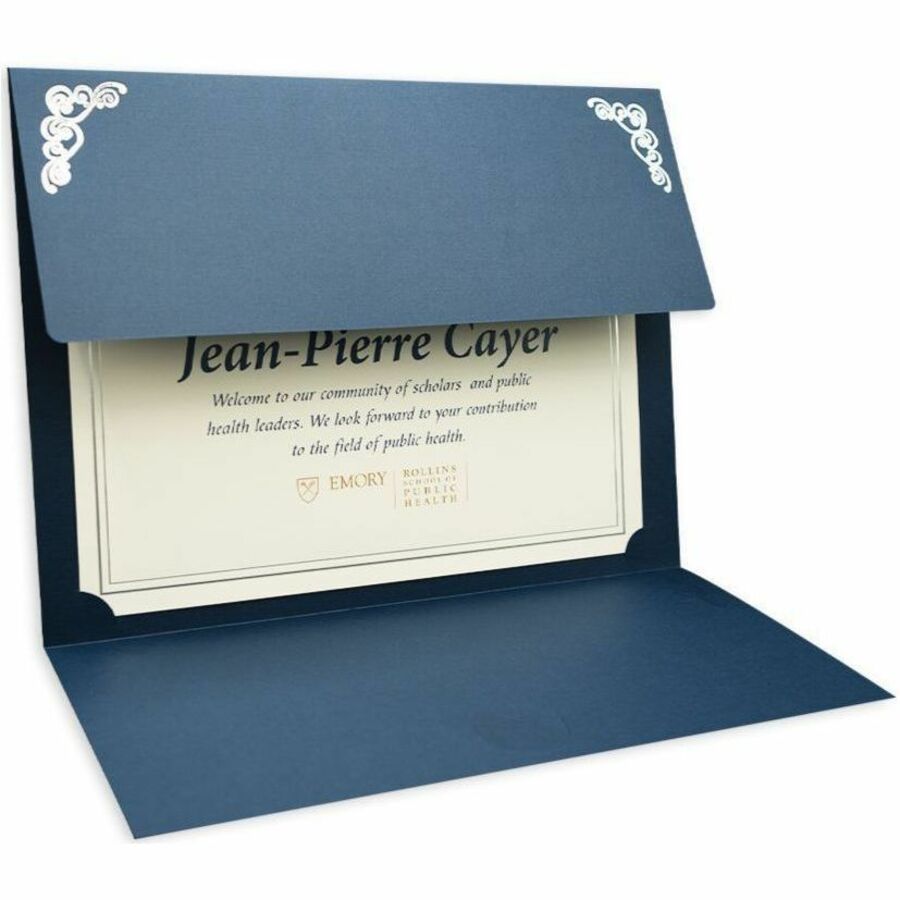 St. James&reg; Elite&trade; Medallion Fold Certificate Holders, Linen, Navy Blue with Silver Medallion, Pack of 5, 83536 - 83536