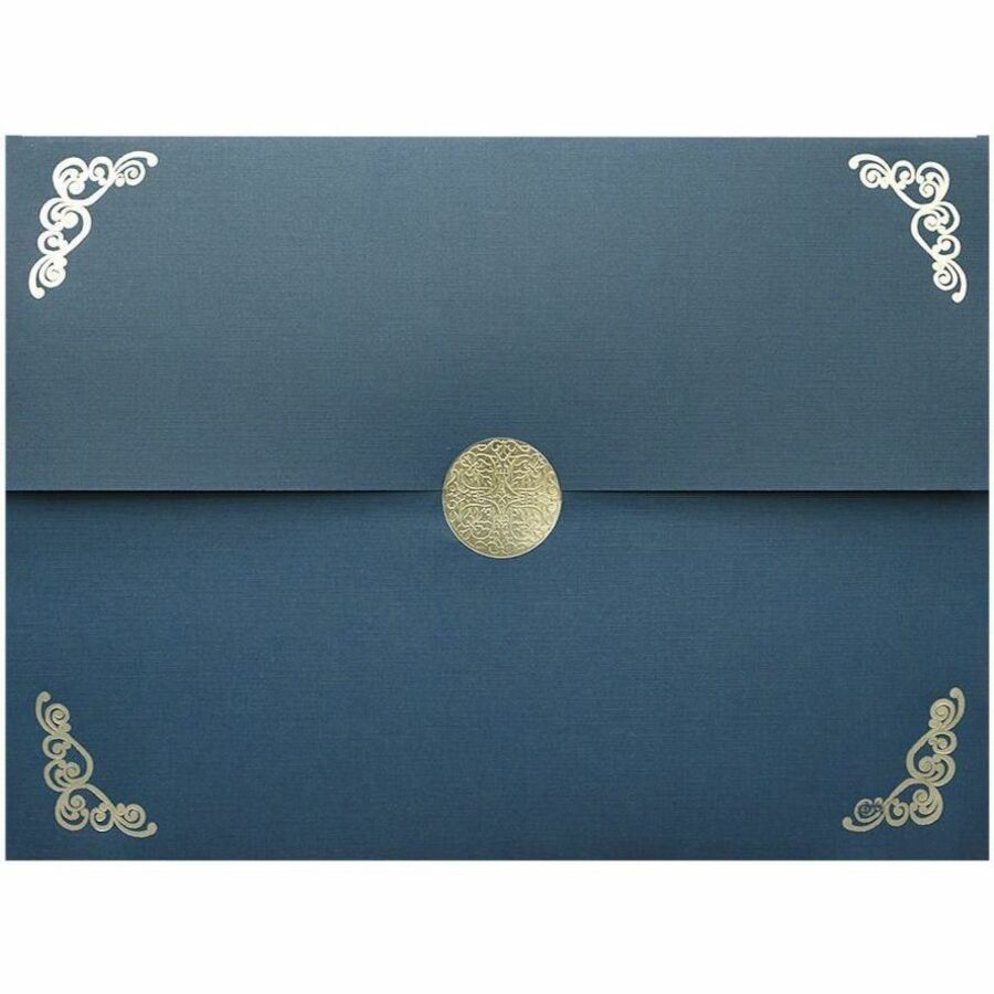 St. James&reg; Elite&trade; Medallion Fold Certificate Holders, Linen, Navy Blue with Silver Medallion, Pack of 5, 83536