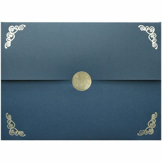 St. James&reg; Elite&trade; Medallion Fold Certificate Holders, Linen, Navy Blue with Silver Medallion, Pack of 5, 83536