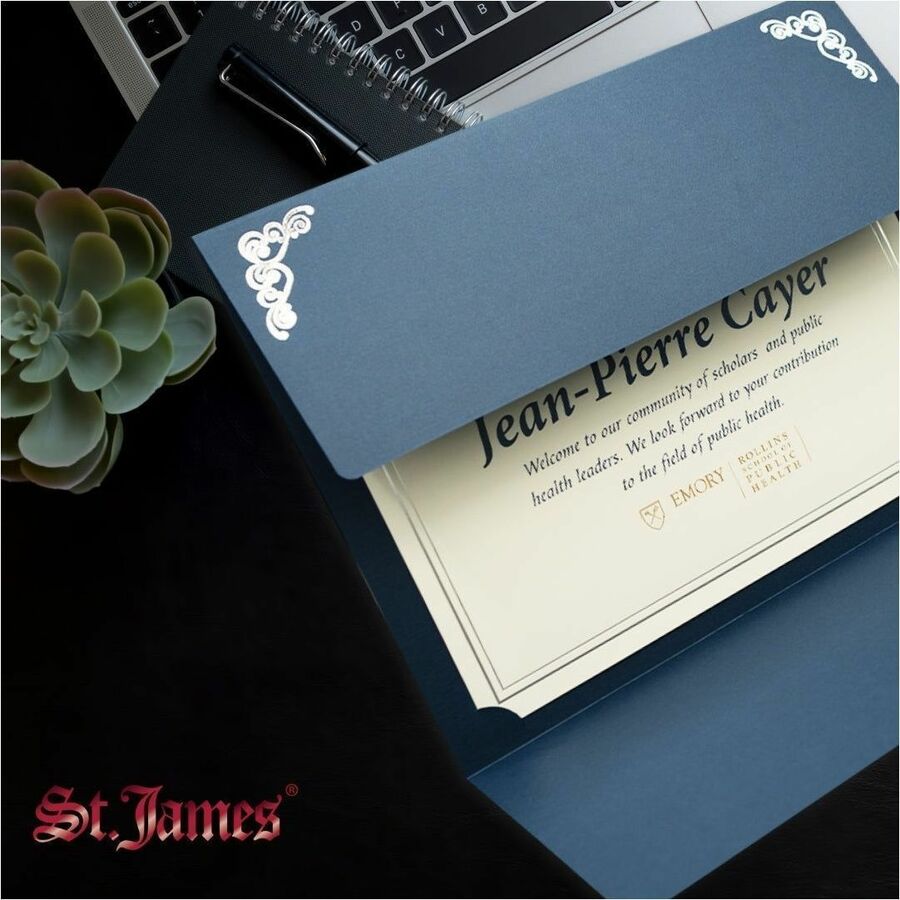 St. James&reg; Elite&trade; Medallion Fold Certificate Holders, Linen, Navy Blue with Silver Medallion, Pack of 5, 83536 - 83536