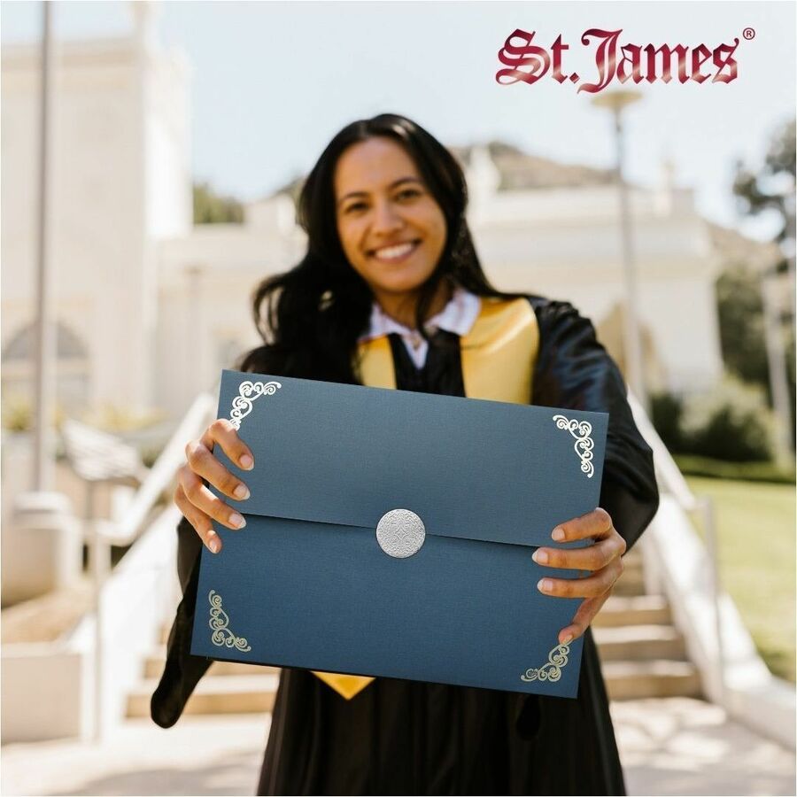 St. James&reg; Elite&trade; Medallion Fold Certificate Holders, Linen, Navy Blue with Silver Medallion, Pack of 5, 83536 - 83536