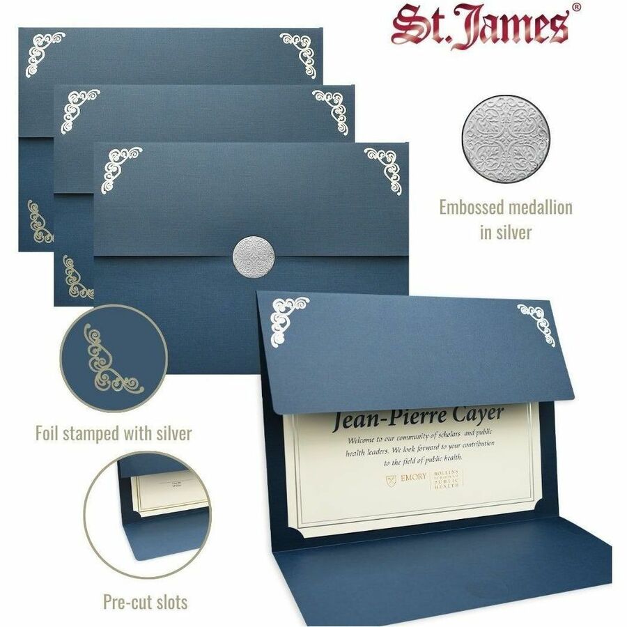 St. James&reg; Elite&trade; Medallion Fold Certificate Holders, Linen, Navy Blue with Silver Medallion, Pack of 5, 83536 - 83536