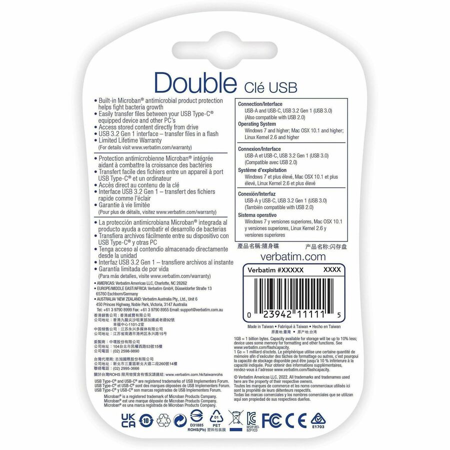 Verbatim 64GB Store 'n' Go Dual USB 3.2 Gen 1 Flash Drive for USB-C Devices - Blue - 99155