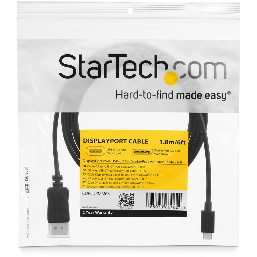 StarTech.com 6ft/1.8m USB C to DisplayPort 1.2 Cable 4K 60Hz - USB Type-C to DP Video Adapter Monitor Cable HBR2 - TB3 Compatible - Black - CDP2DPMM6B