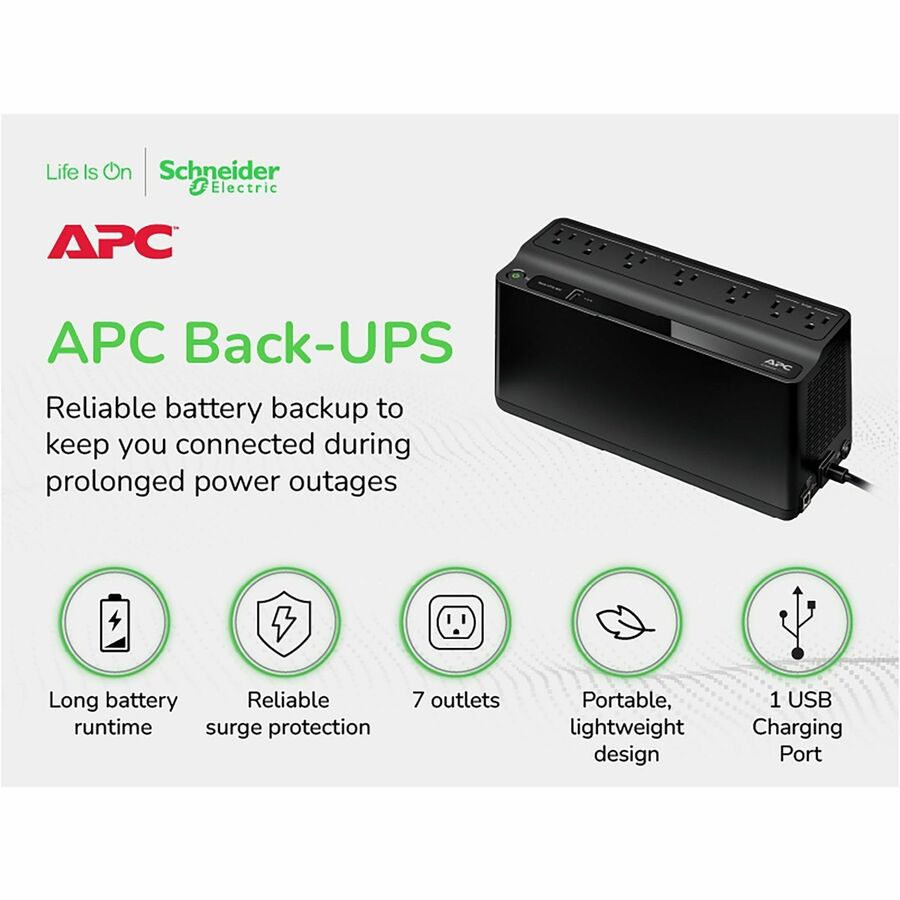 APC Back-UPS 600VA, 120V, 1 USB charging port, 7 NEMA outlets (2 surge) - BE600M1