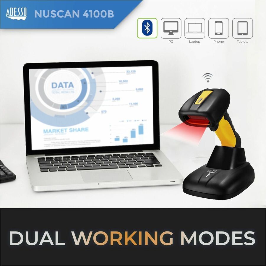 Adesso NuScan 4100B Bluetooth Antimicrobial Waterproof CCD Barcode Scanner - NUSCAN 4100B