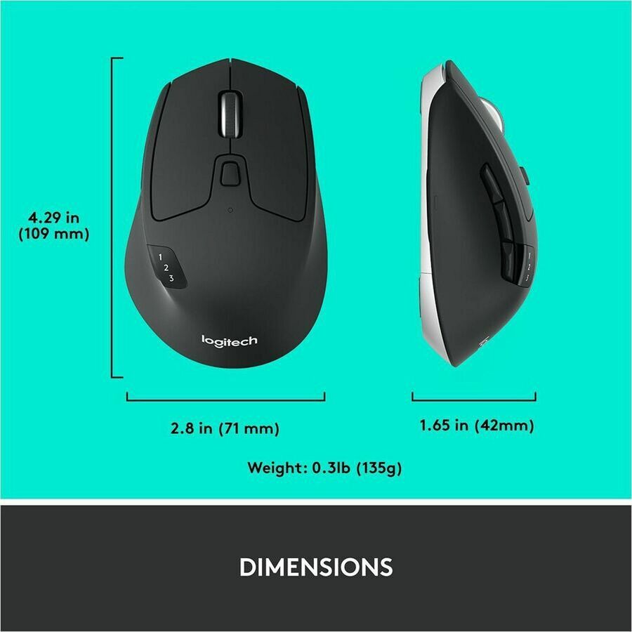 Logitech M720 Triathlon Multi-Device Wireless Mouse, Bluetooth, USB Unifying Receiver, 1000 DPI, 8 Buttons, 2-Year Battery, Compatible with Laptop, PC, Mac, iPadOS - Black - 910-004790