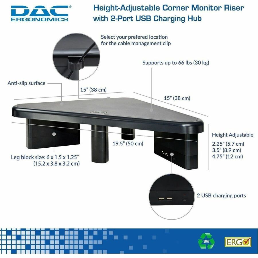 DAC&reg; Stax MP-214 Height-Adjustable Corner Monitor/Laptop Stand with 2-USB Ports, Black - 02153