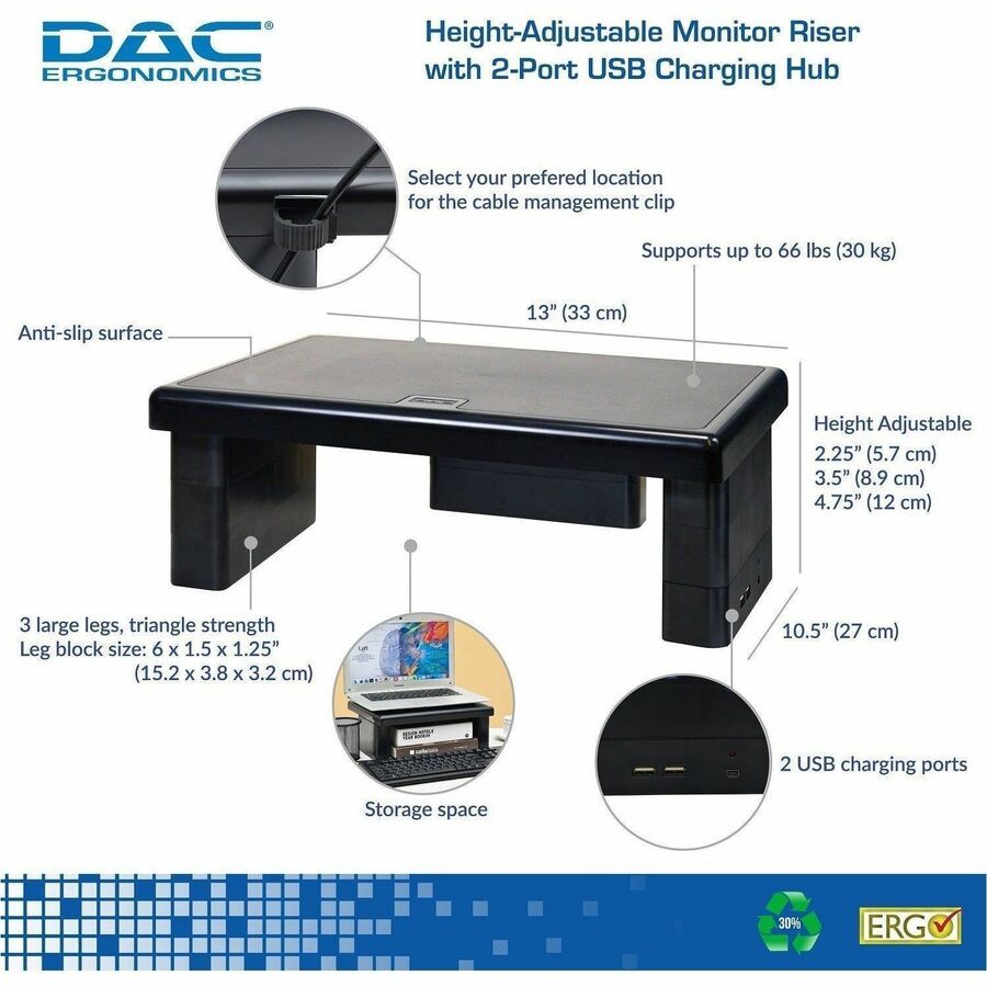 DAC&reg; Stax MP-213 Height-Adjustable Monitor/Laptop Stand with 2-USB Ports, Black - 02159