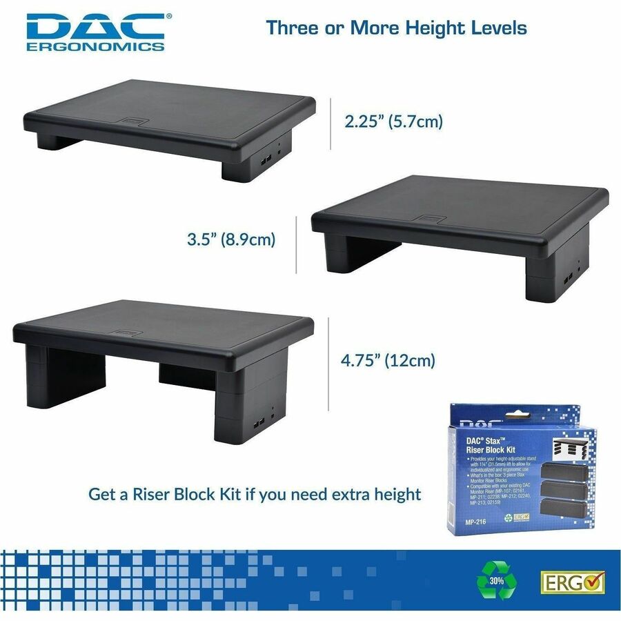 DAC&reg; Stax MP-213 Height-Adjustable Monitor/Laptop Stand with 2-USB Ports, Black - 02159