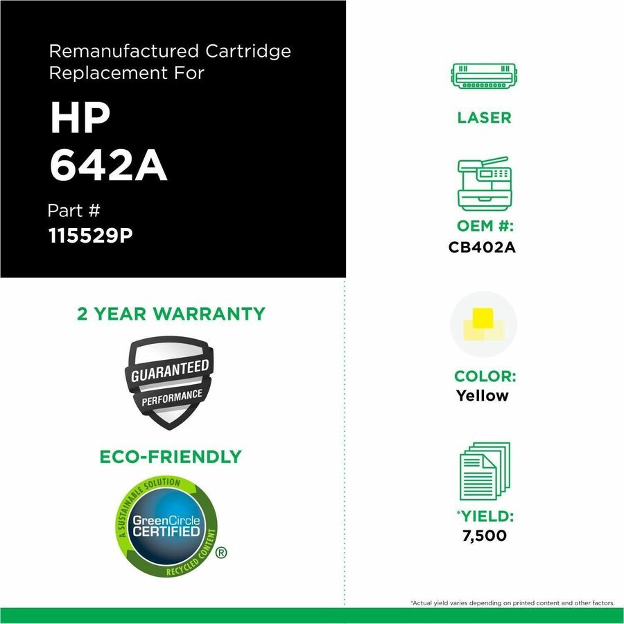 CIG Remanufactured Laser Toner Cartridge 642A (HP 642A, HP CB402A) - Yellow - 1 Each - 115529P