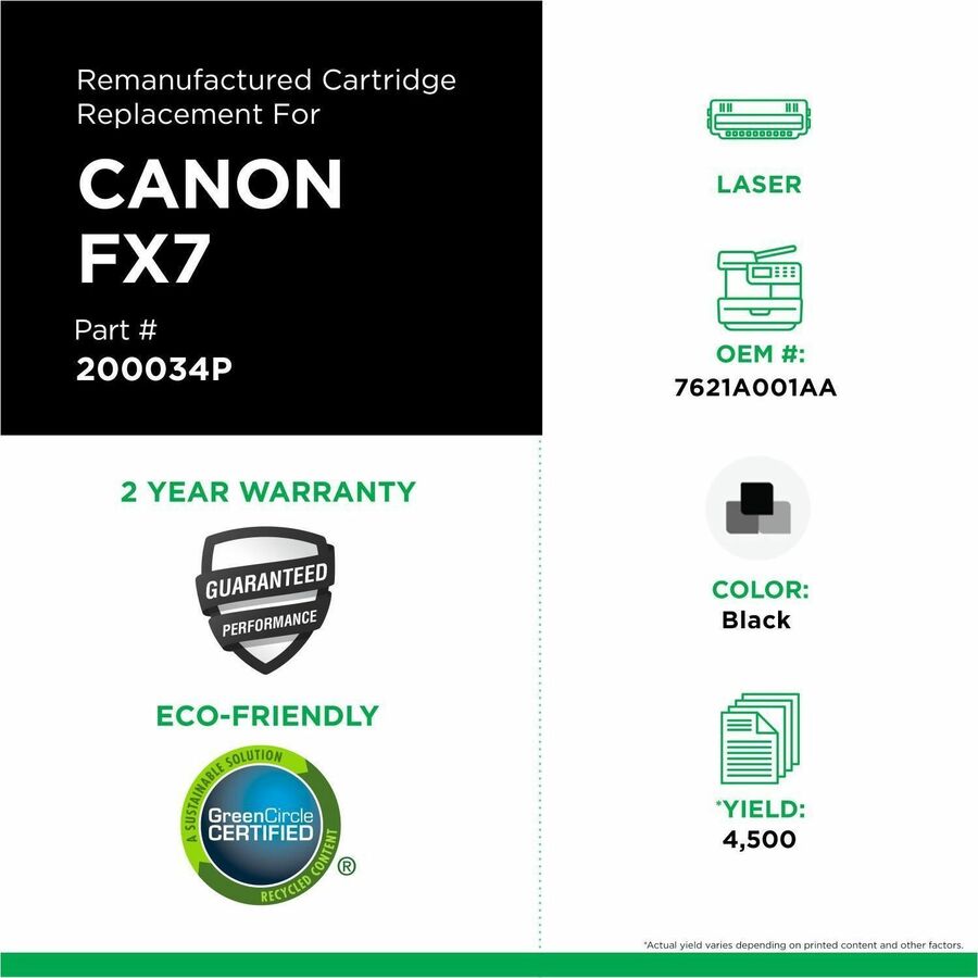CIG Remanufactured Laser Toner Cartridge Canon 7621A001, Canon 7621A001AA, Canon 7621A002, Canon CRGFX7, Canon EPFX7, Canon FX-7, Canon FX7 - Black - 1 Each - 200034P