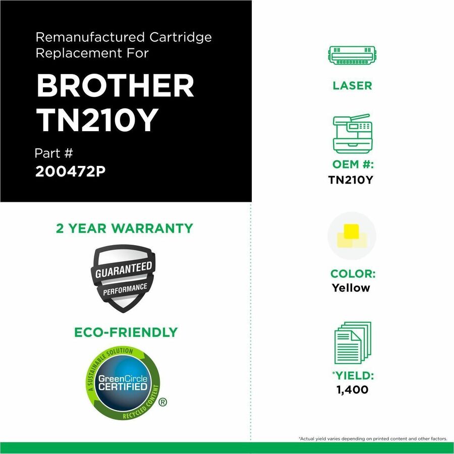 CIG Remanufactured Laser Toner Cartridge Brother TN210Y - Yellow - 1 Each - 200472P