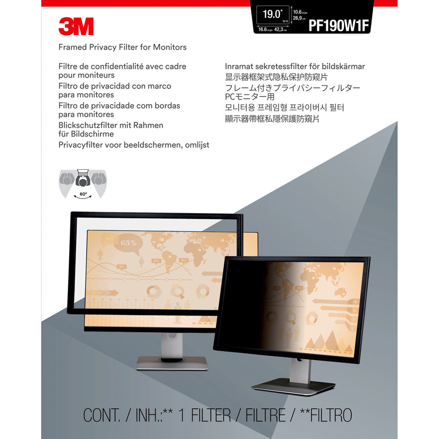 3M Privacy Filter PF190W1F for 19.5" Monitor Black - PF190W1F