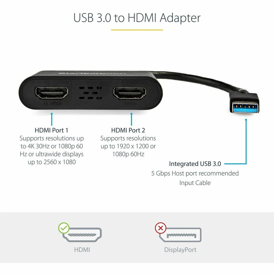 StarTech.com USB 3.0 to Dual HDMI Adapter, USB to 2x HDMI Monitor Converter for Windows (no support for macOS/ChromeOS/Linux) - TAA - USB32HD2