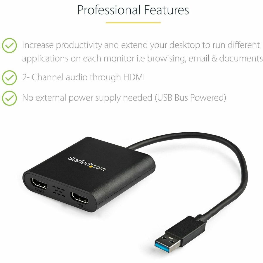 StarTech.com USB 3.0 to Dual HDMI Adapter, USB to 2x HDMI Monitor Converter for Windows (no support for macOS/ChromeOS/Linux) - TAA - USB32HD2