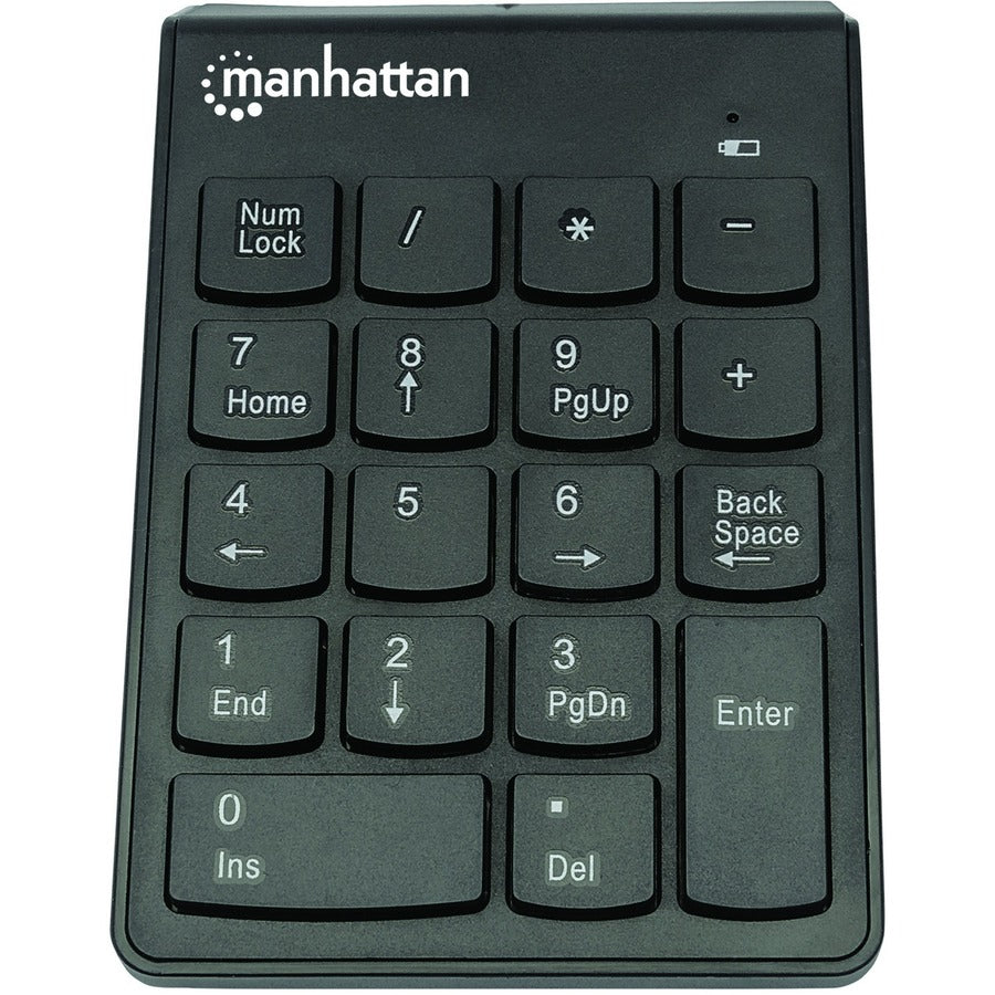 Manhattan Numeric Keypad, Wireless (2.4GHz), USB-A Micro Receiver, 18 Full Size Keys, Black, Membrane Key Switches, Auto Power Management, Range 10m, AAA Battery (included), Windows and Mac, Three - 178846