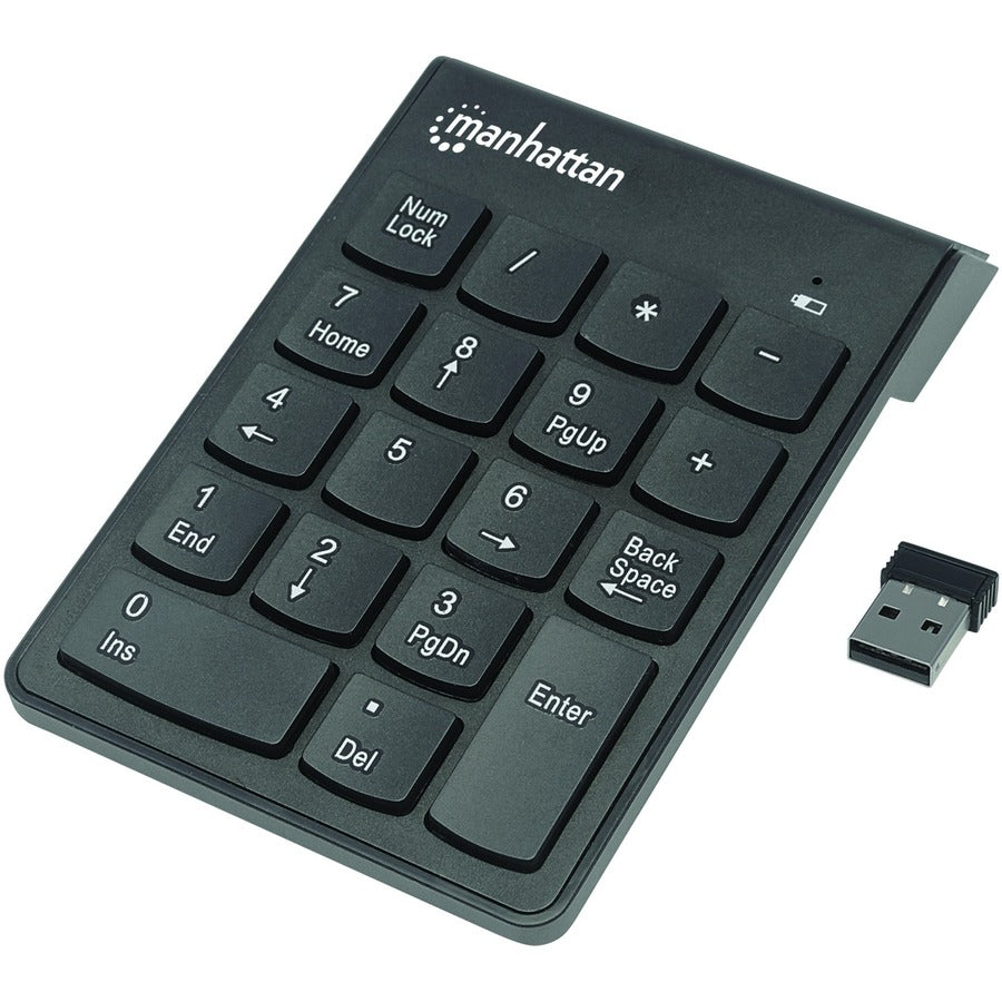 Manhattan Numeric Keypad, Wireless (2.4GHz), USB-A Micro Receiver, 18 Full Size Keys, Black, Membrane Key Switches, Auto Power Management, Range 10m, AAA Battery (included), Windows and Mac, Three - 178846