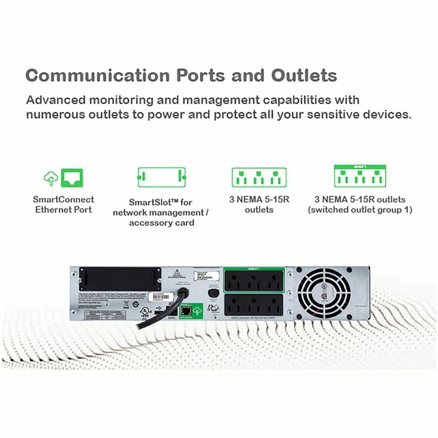 APC Smart-UPS, Line Interactive, 1000VA, Rackmount 2U, 120V, 6x NEMA 5-15R outlets, SmartConnect Port+SmartSlot, AVR, LCD - SMT1000RM2UC