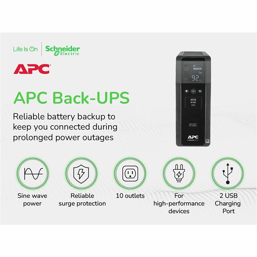 APC Back-UPS Pro, 1000VA/600W, Tower, 120V, 10x NEMA 5-15R outlets, Sine Wave, AVR, USB Type A + C ports, LCD, User Replaceable Battery - BR1000MS