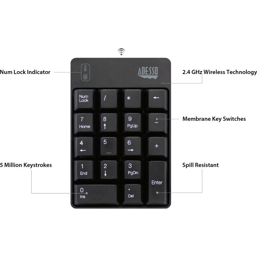 Adesso Wireless Spill Resistant Numeric Keypad - WKB-6010UB