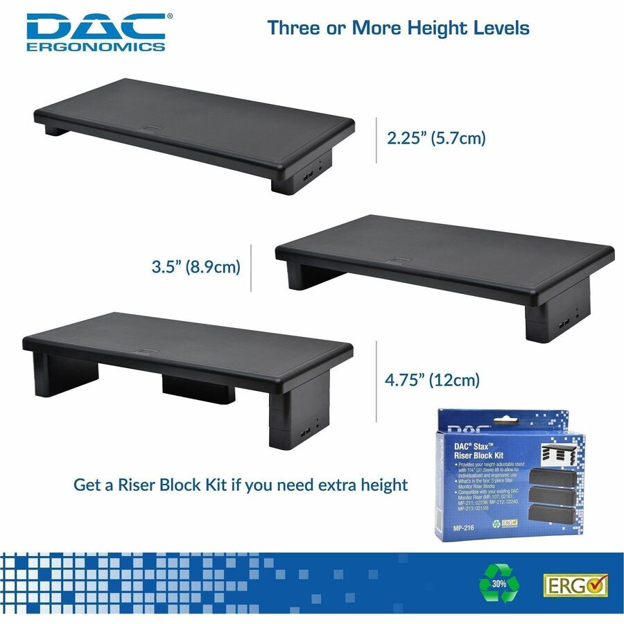 DAC&reg; Stax MP-212 Height-Adjustable Ultra-Wide Monitor/Laptop Stand with 2-USB Ports, Black - 02240