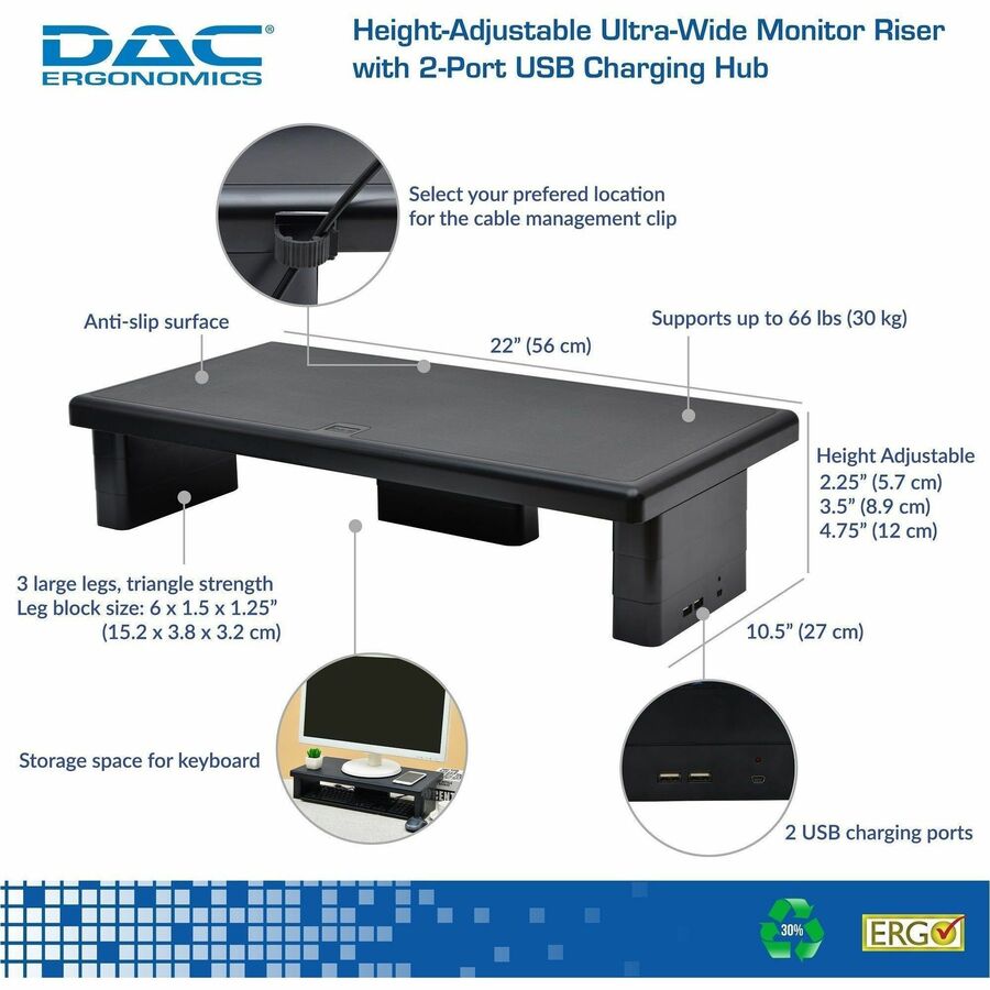 DAC&reg; Stax MP-212 Height-Adjustable Ultra-Wide Monitor/Laptop Stand with 2-USB Ports, Black - 02240