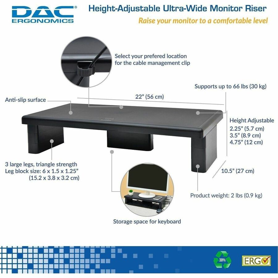 DAC&reg; Stax MP-211 Height-Adjustable Ultra-Wide Monitor/Laptop Stand, Black - 02238
