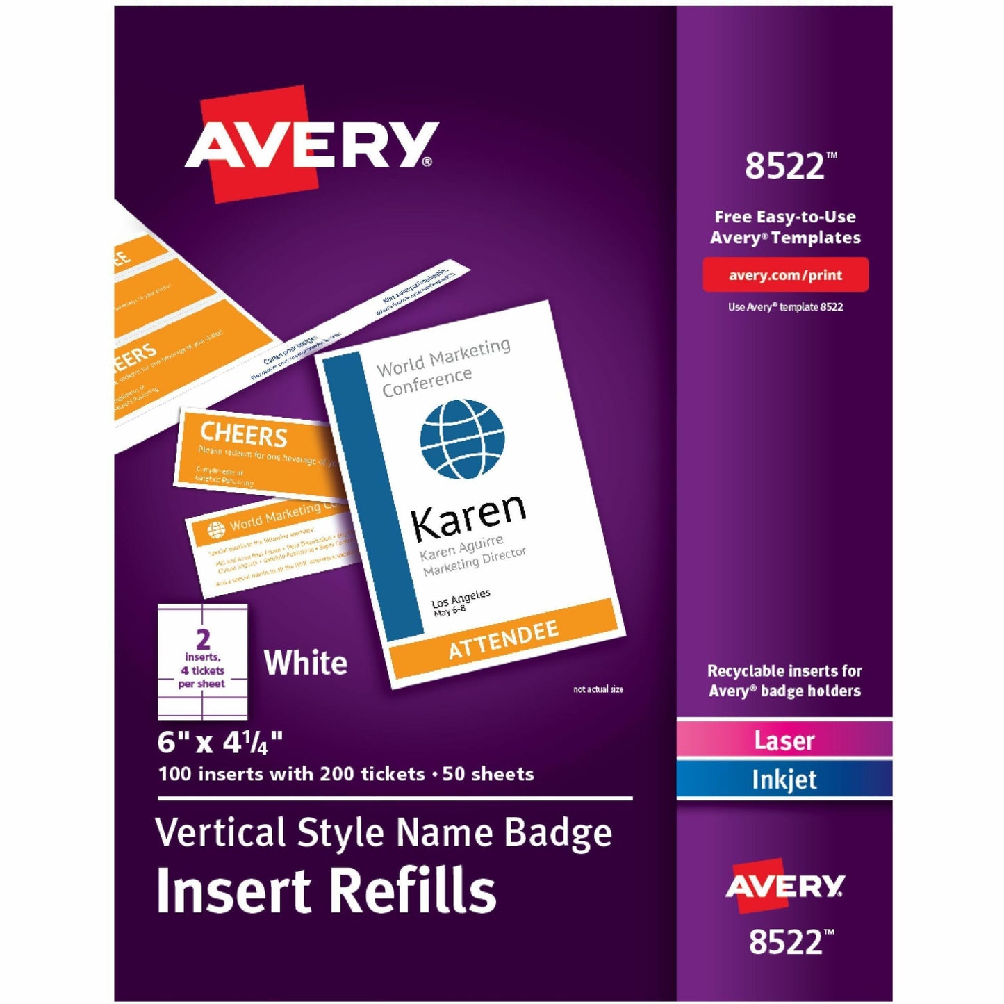 Avery&reg; Vertical Name Badge and Ticket Insertsfor Laser and Inkjet Printers, 6" x 4-1/4"
