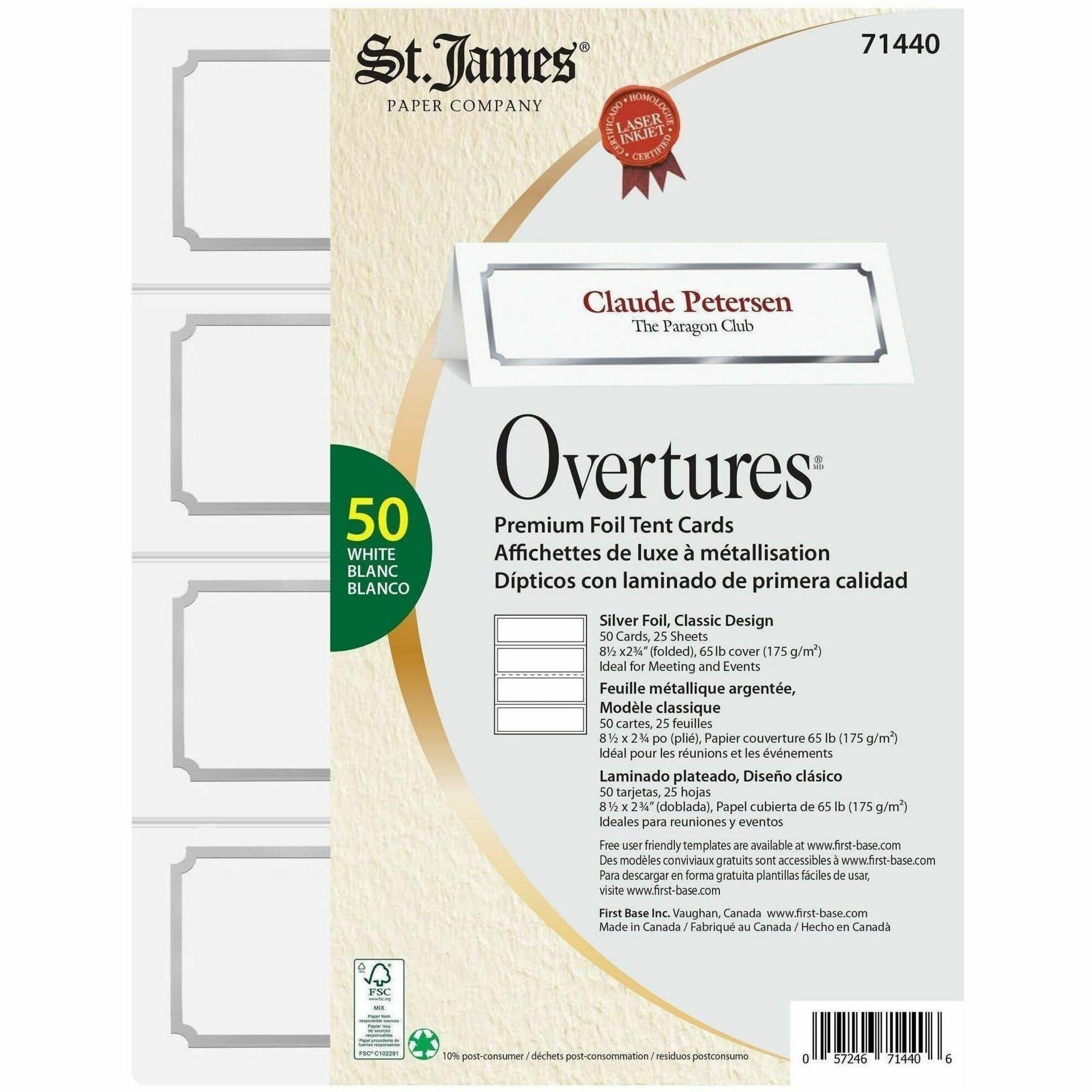 St. James&reg; Overtures&reg; Classic Tent Cards, White, Silver Foil, Fold to 8½ x 2¾" , Pack of 50, 71440