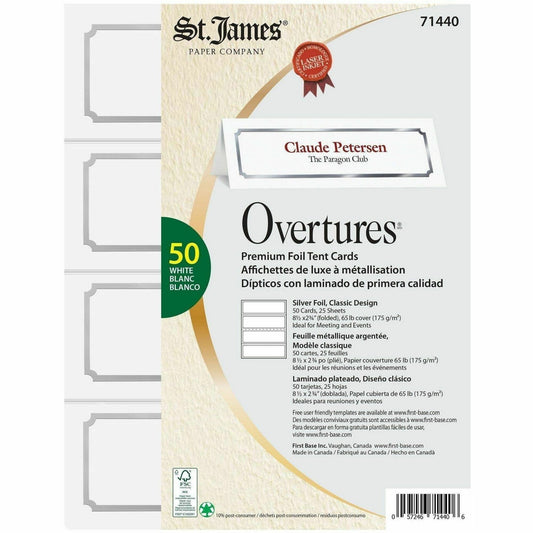 St. James&reg; Overtures&reg; Classic Tent Cards, White, Silver Foil, Fold to 8½ x 2¾" , Pack of 50, 71440
