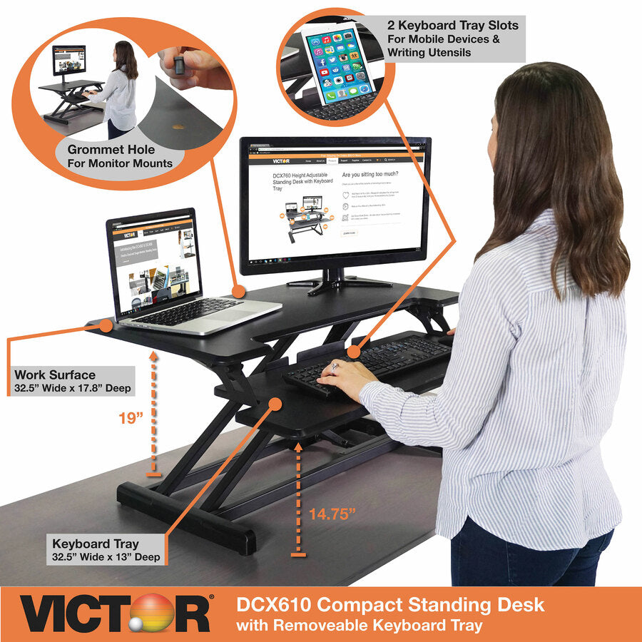 Victor High Rise Height Adjustable Compact Standing Desk with Keyboard Tray - DCX610